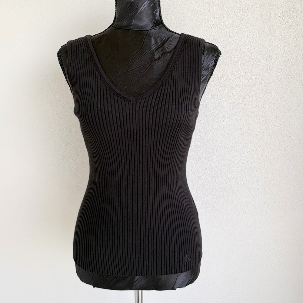 Calvin Klein Ribbed V-Neck Tank Top‎ Women S Black Preppy